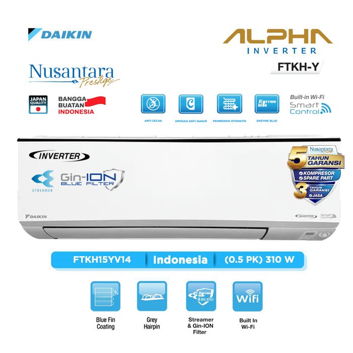 AC Daikin 1/2 PK ALPHA Inverter Nusantara Prestige FTKH15YV14 R32 Built-in Wi-Fi Streamer Garansi 5 Th